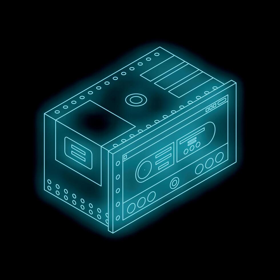 Neon audio cassette tape recorder playing music isometric illustration vector
