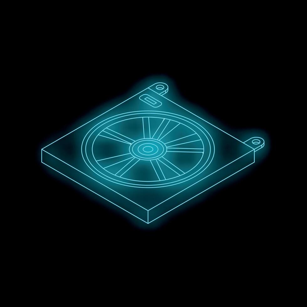 Neon blue isometric computer fan radiating light on black background vector