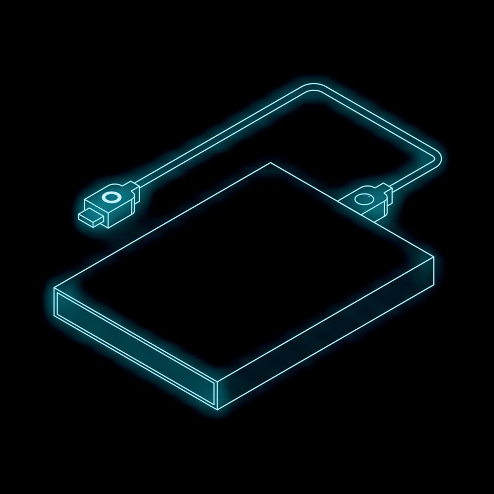 External hard drive connecting through usb cable glowing neon style vector