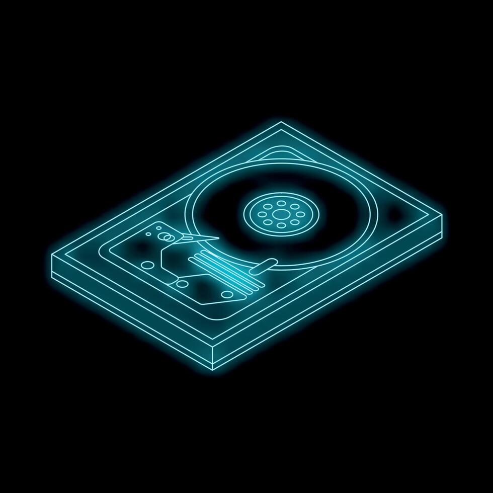 Neon hard disk drive glowing on black background vector