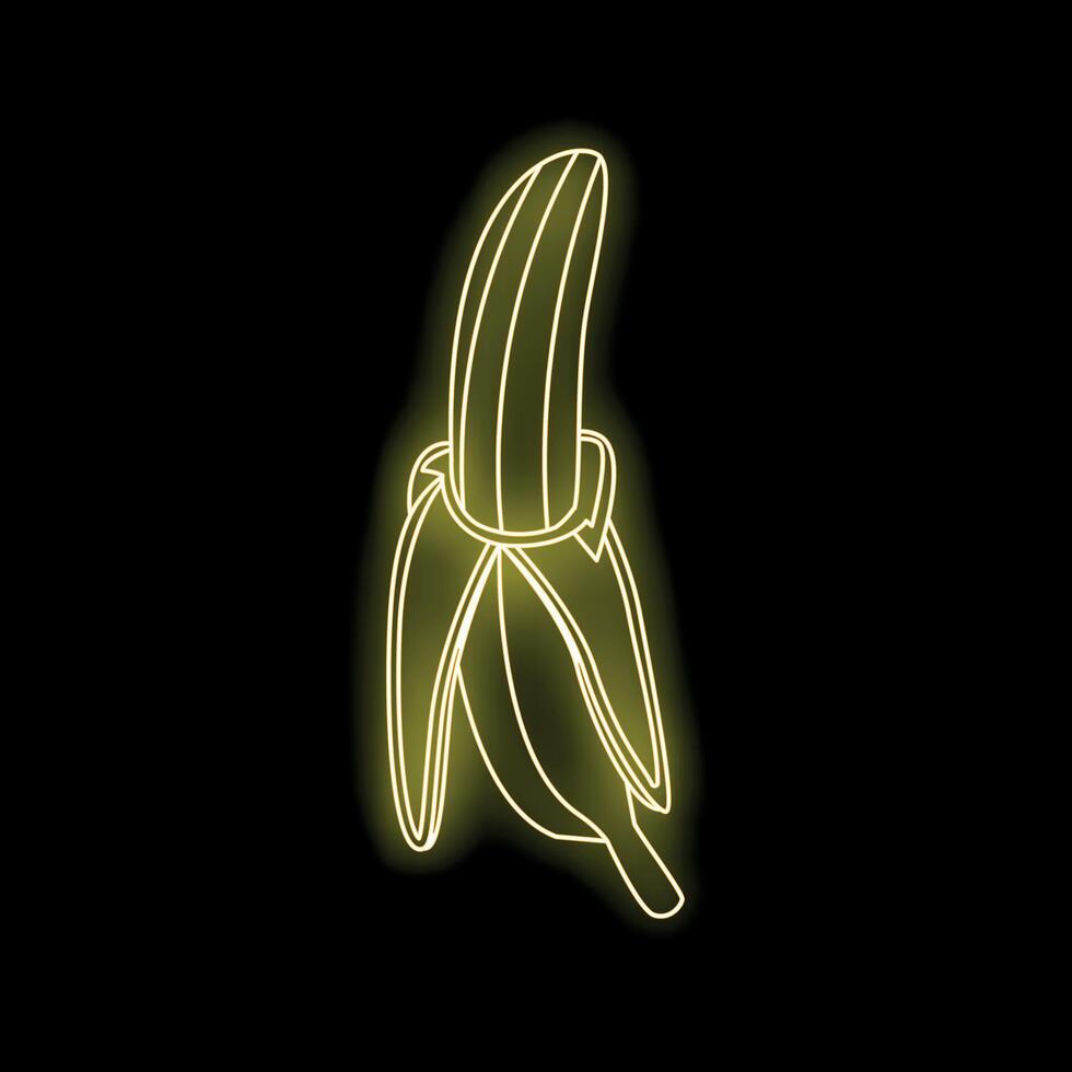 Yellow neon sign of peeled banana on black background vector