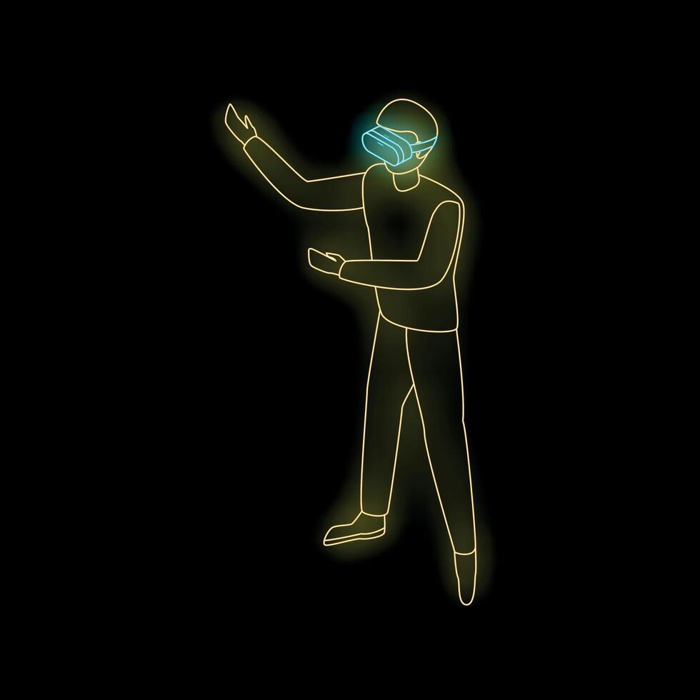 Man experiencing virtual reality with headset glowing neon icon vector