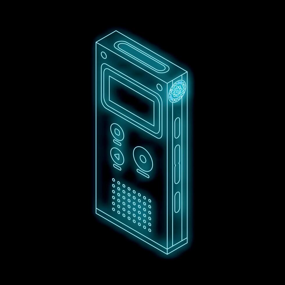 Digital voice recorder glowing with blue neon light on black background vector