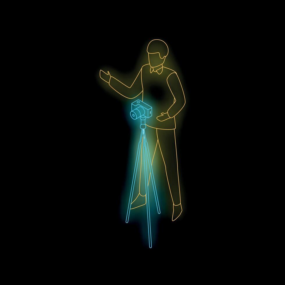 Neon photographer using camera on tripod isometric illustration vector