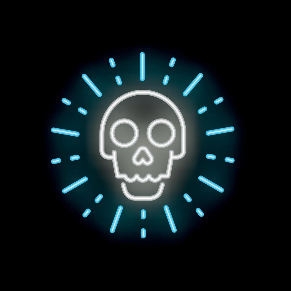 Neon skull shining with blue light rays on black background vector