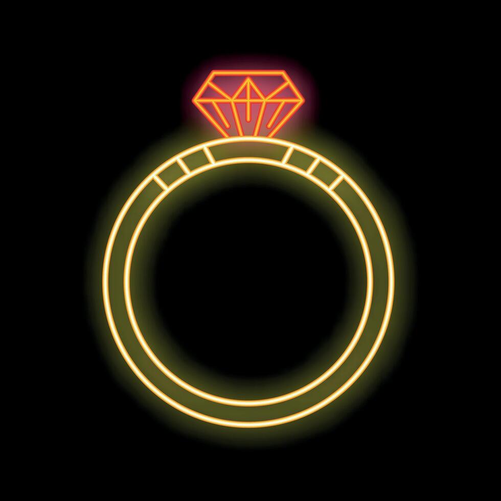 Neon diamond ring shining brightly on black background vector