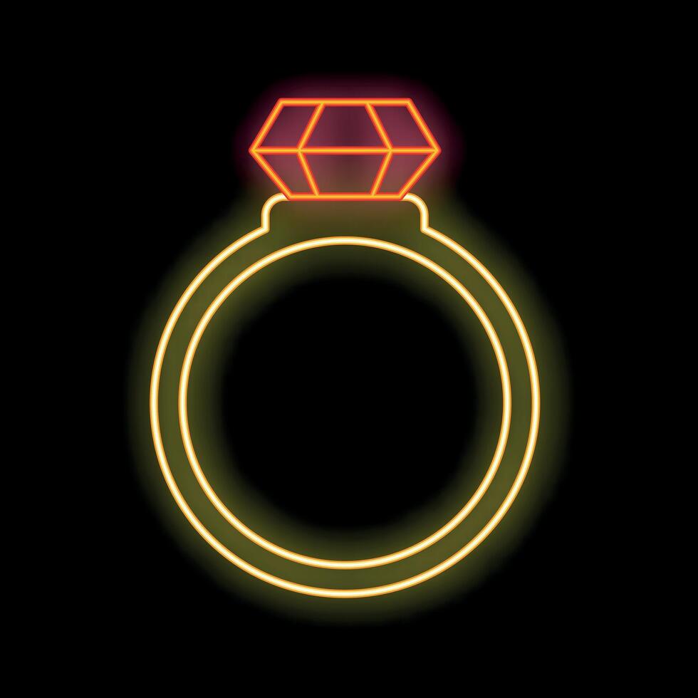 Golden neon ring with red diamond shining on black background vector