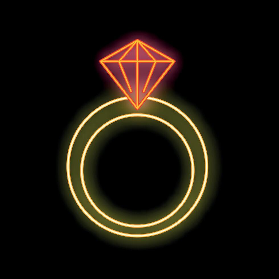 Neon sign of an engagement ring with a big diamond glowing on black background vector