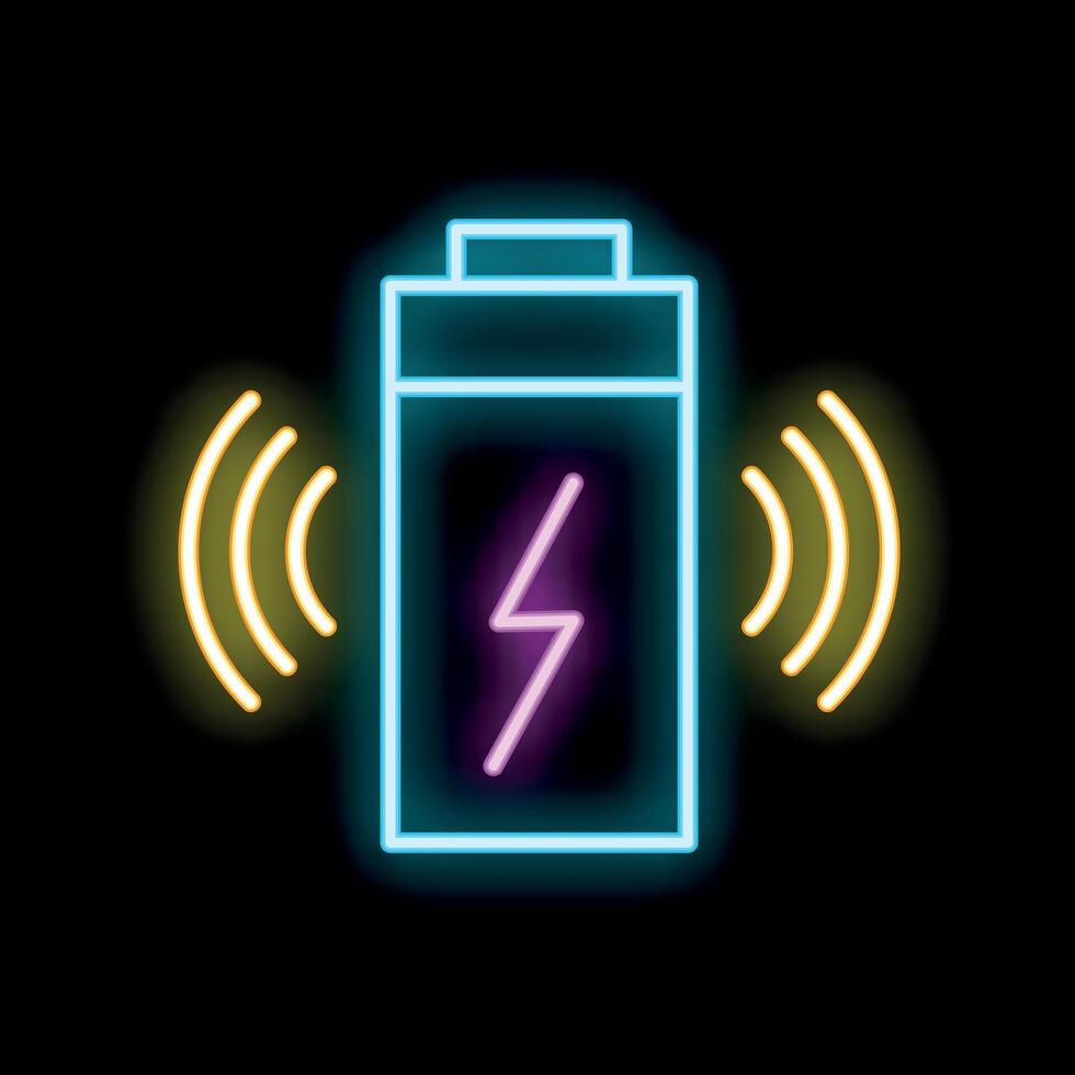 Neon battery icon glowing on dark background vector