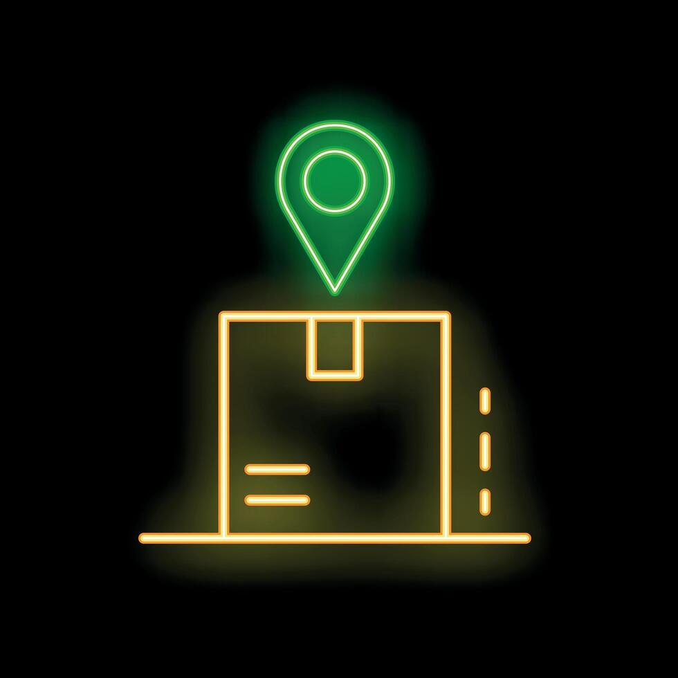 Neon sign showing location pin over cardboard box vector