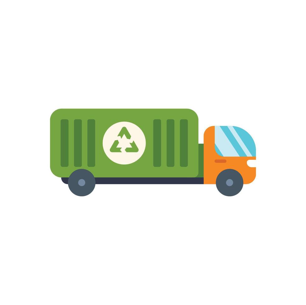 Green garbage truck carrying recycling container for waste management vector