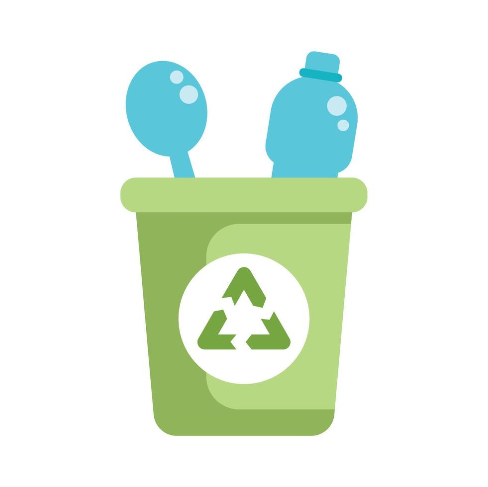 Green recycling bin containing plastic bottle and spoon promoting environmental awareness vector