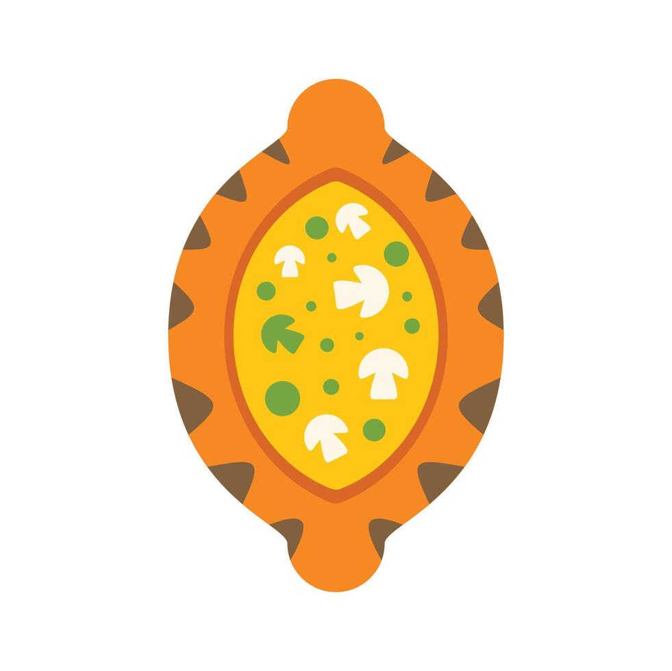 Tiger shaped bowl containing creamy soup with mushrooms and herbs vector