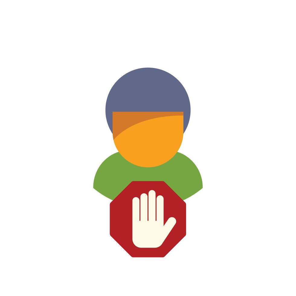 Person making stop gesture with hand over red sign vector