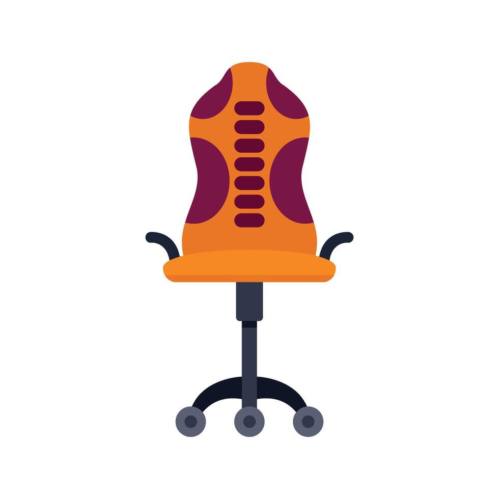 Orange gaming chair with armrests standing on wheels vector
