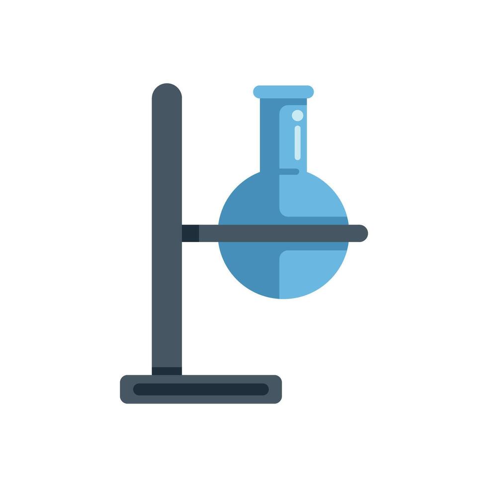 Laboratory flask with transparent blue liquid on metal stand vector