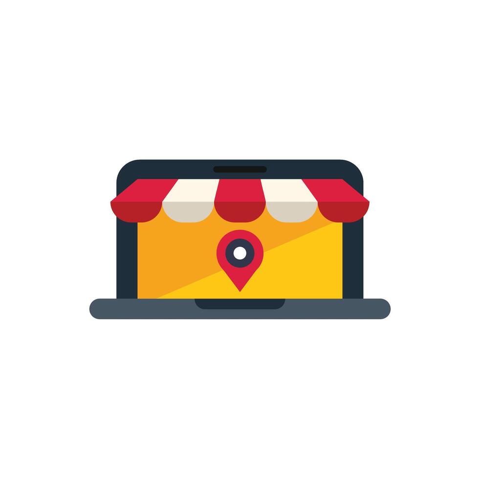 Laptop showing online shop with location pin icon vector