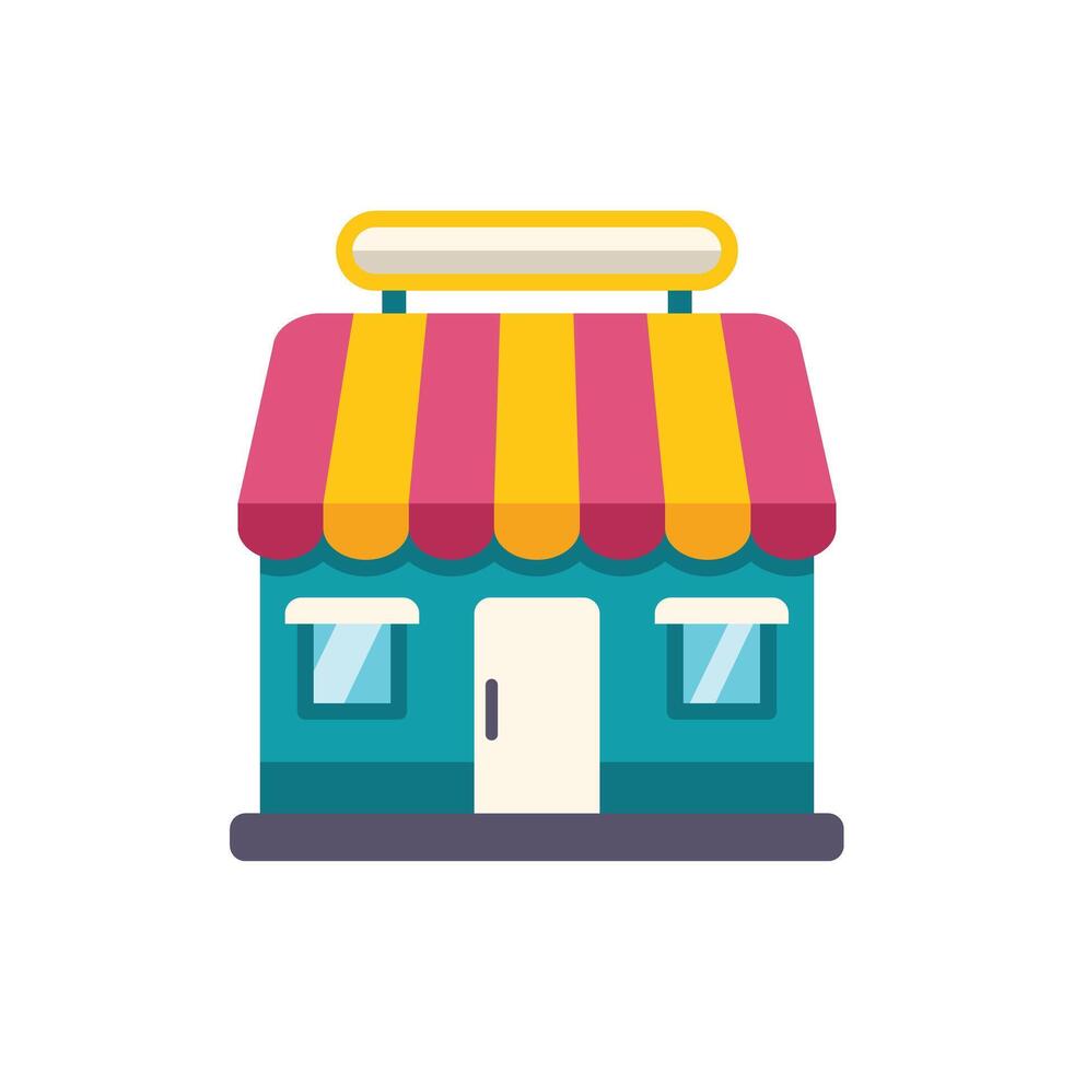 Small business storefront with striped awning and blank signboard is waiting for customers vector