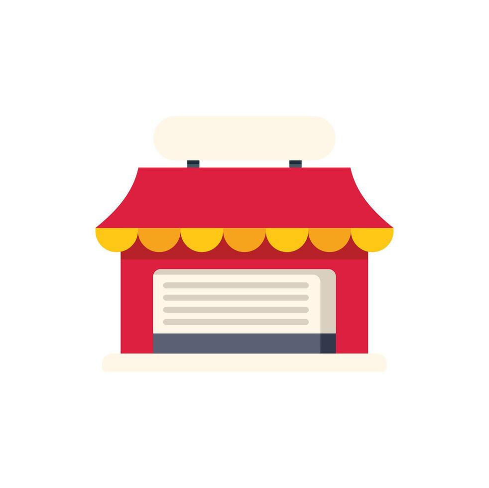 Red and yellow shopfront with closed shutters and blank signboard vector