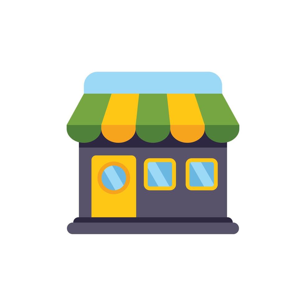 Store front with green and yellow awning, windows and door, commerce building icon vector