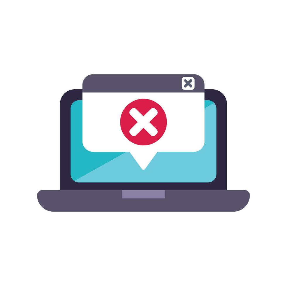 Laptop showing error message with cross mark on screen vector