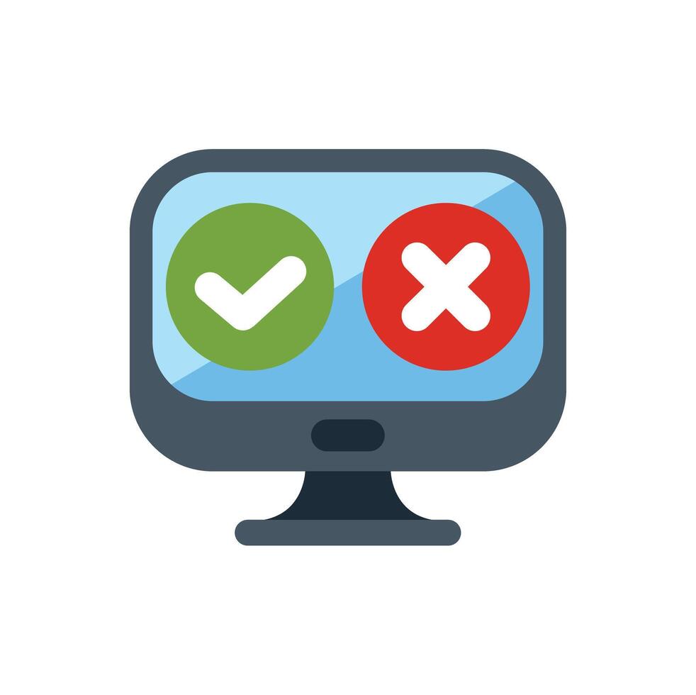 Desktop computer displaying checkmark and cross symbol for decision making vector