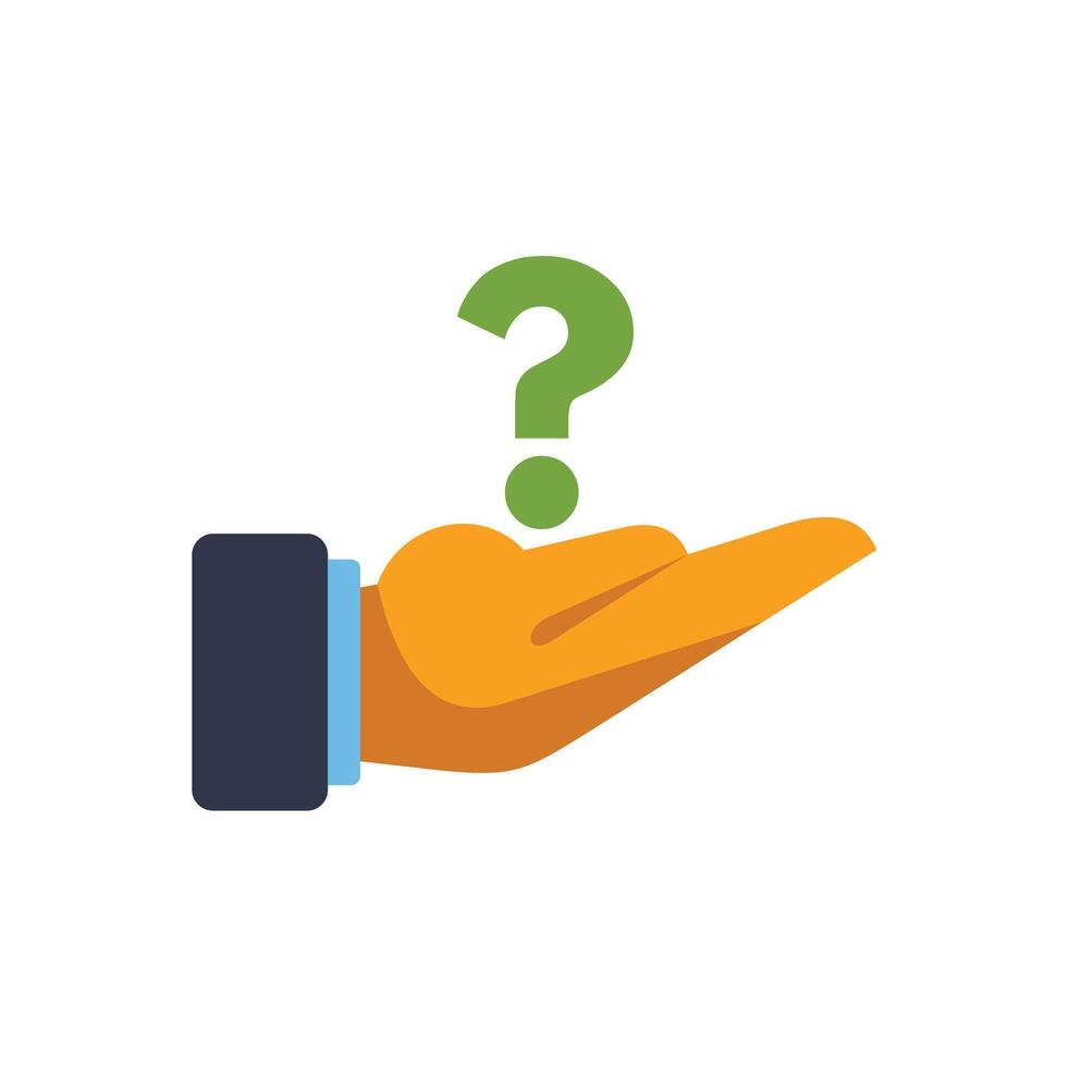 Businessman holding a question mark in his open hand vector