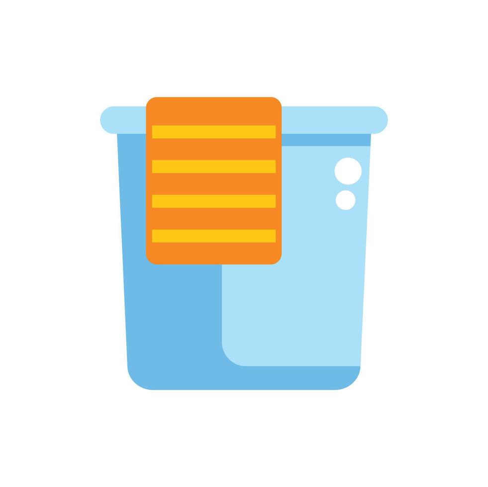 Blue laundry basket with orange towel hanging on side vector