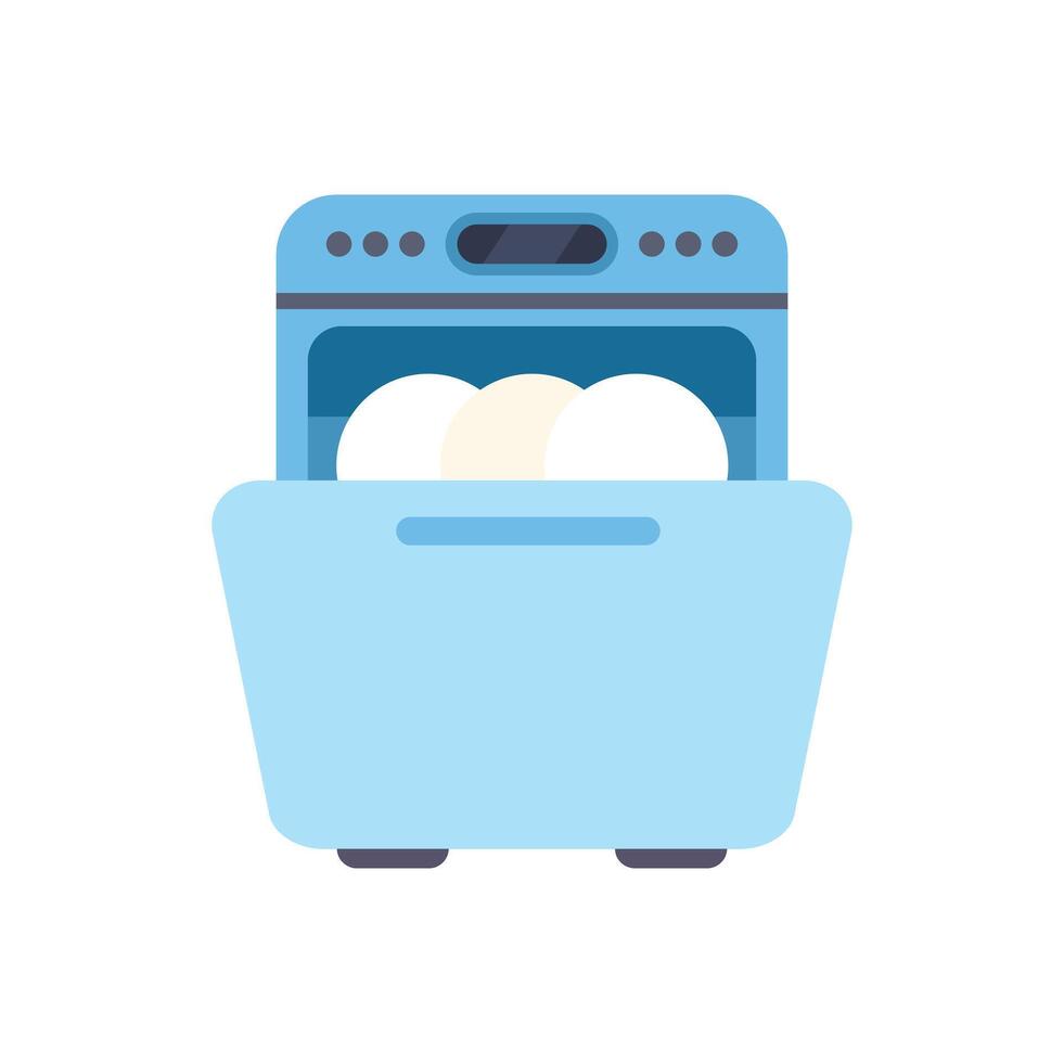 Modern dishwasher with open door showing clean dishes inside vector