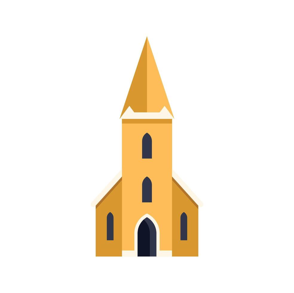 Small yellow church building facade with steeple tower vector