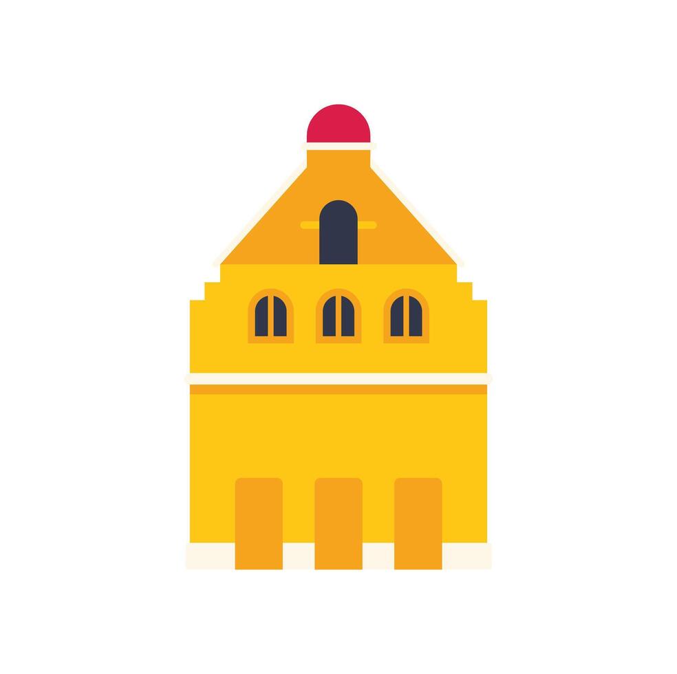 Yellow facade building with red roof, windows showing and three doors below vector