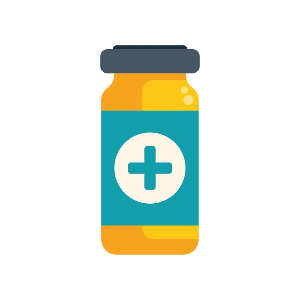 Medical glass vial with medication containing orange liquid and blue label displaying white cross symbol vector