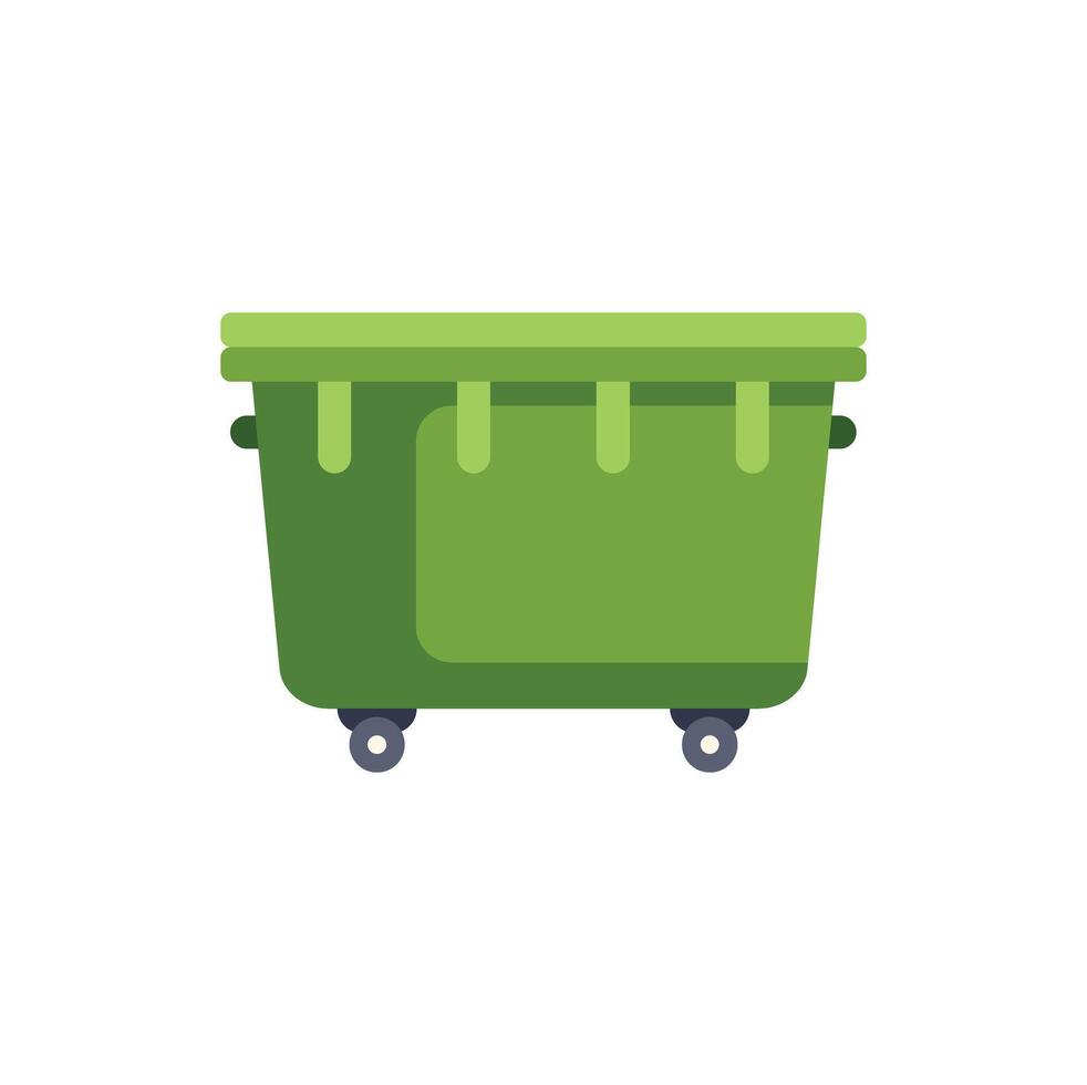 Green garbage dumpster container being moved for waste collection vector