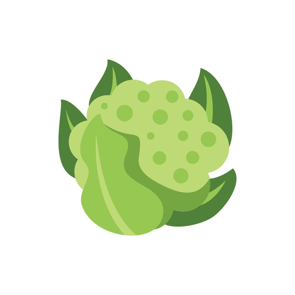 Green cartoon cauliflower surrounded by leaves vector