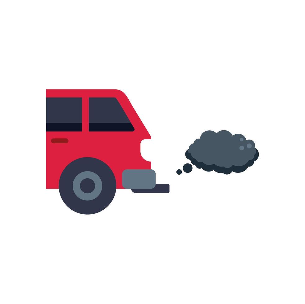 Red car emitting smoke from exhaust pipe, air pollution concept vector