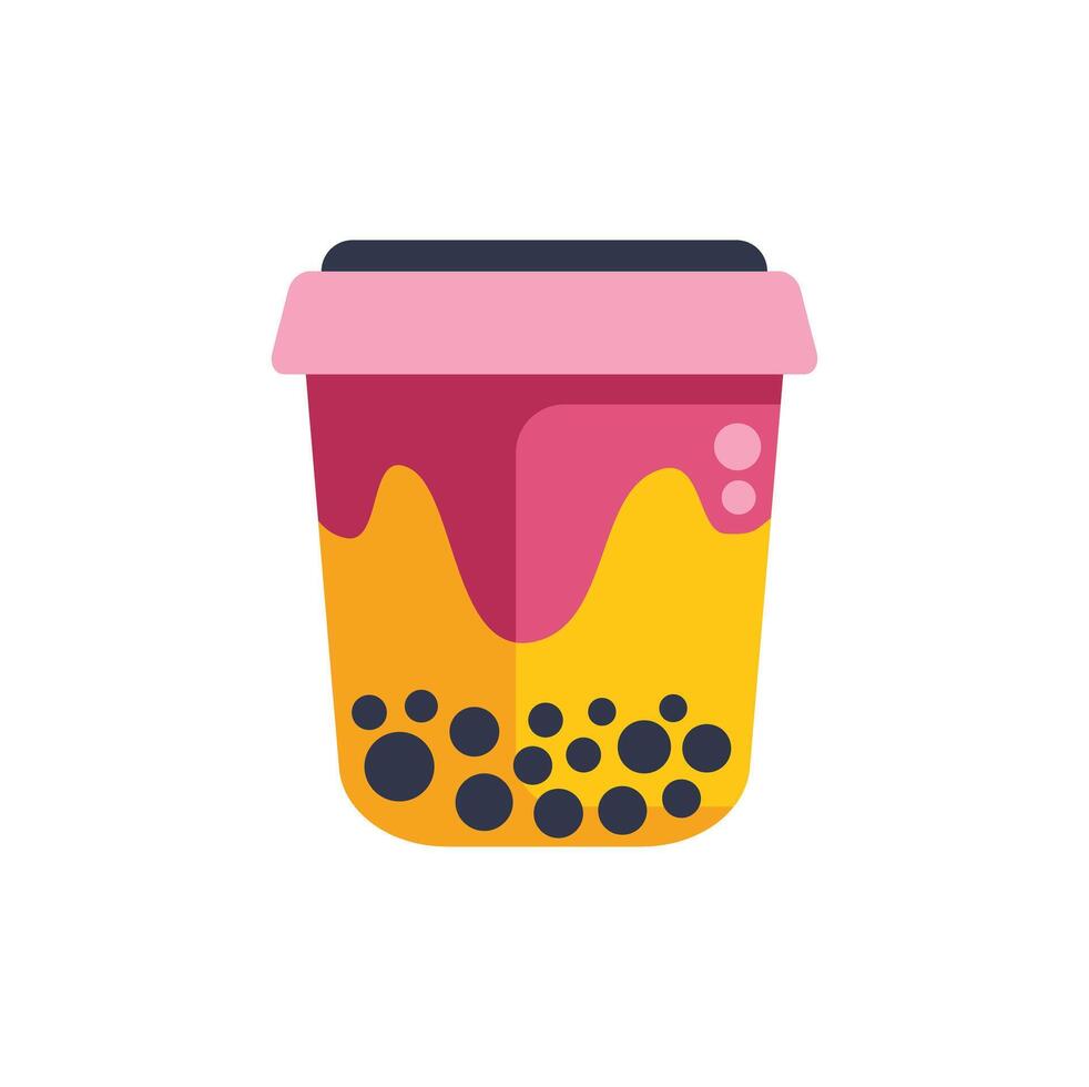 Disposable plastic cup filled with bubble tea and boba balls with a pink lid vector