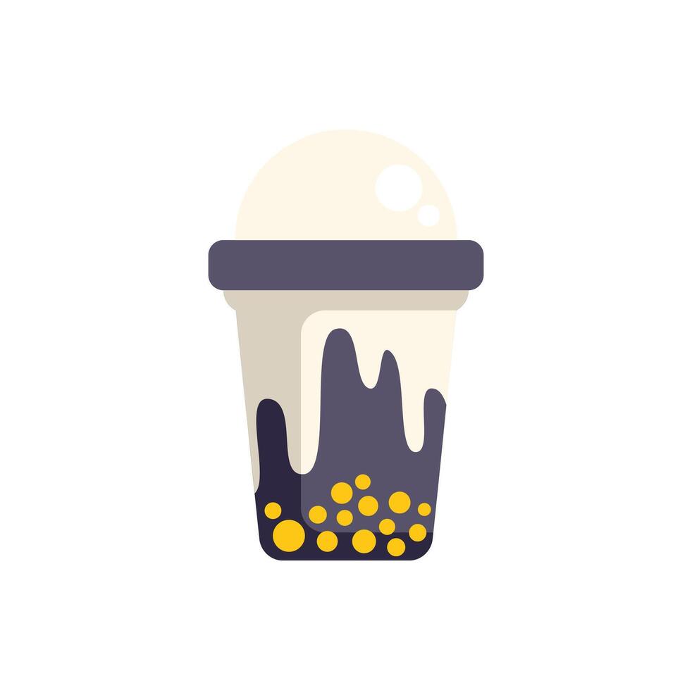Plastic cup of bubble tea with tapioca pearls and milk foam being prepared for customer vector