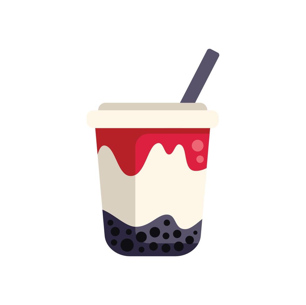 Plastic cup containing boba milk tea with tapioca pearls and a straw vector