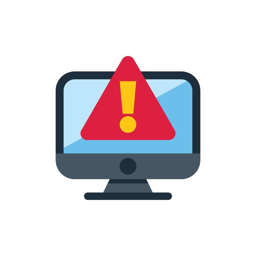 Computer showing error warning message with exclamation mark vector