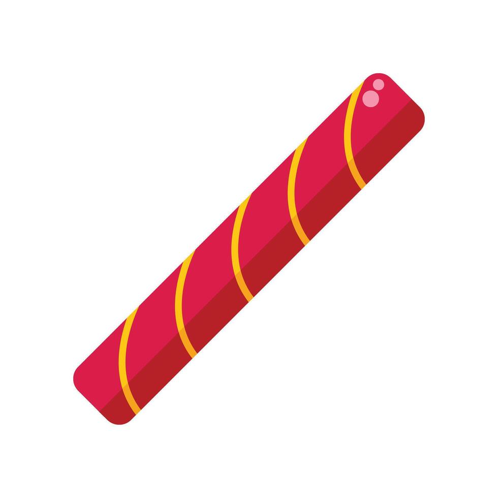 Red candy stick with yellow stripes lying diagonally on white background vector