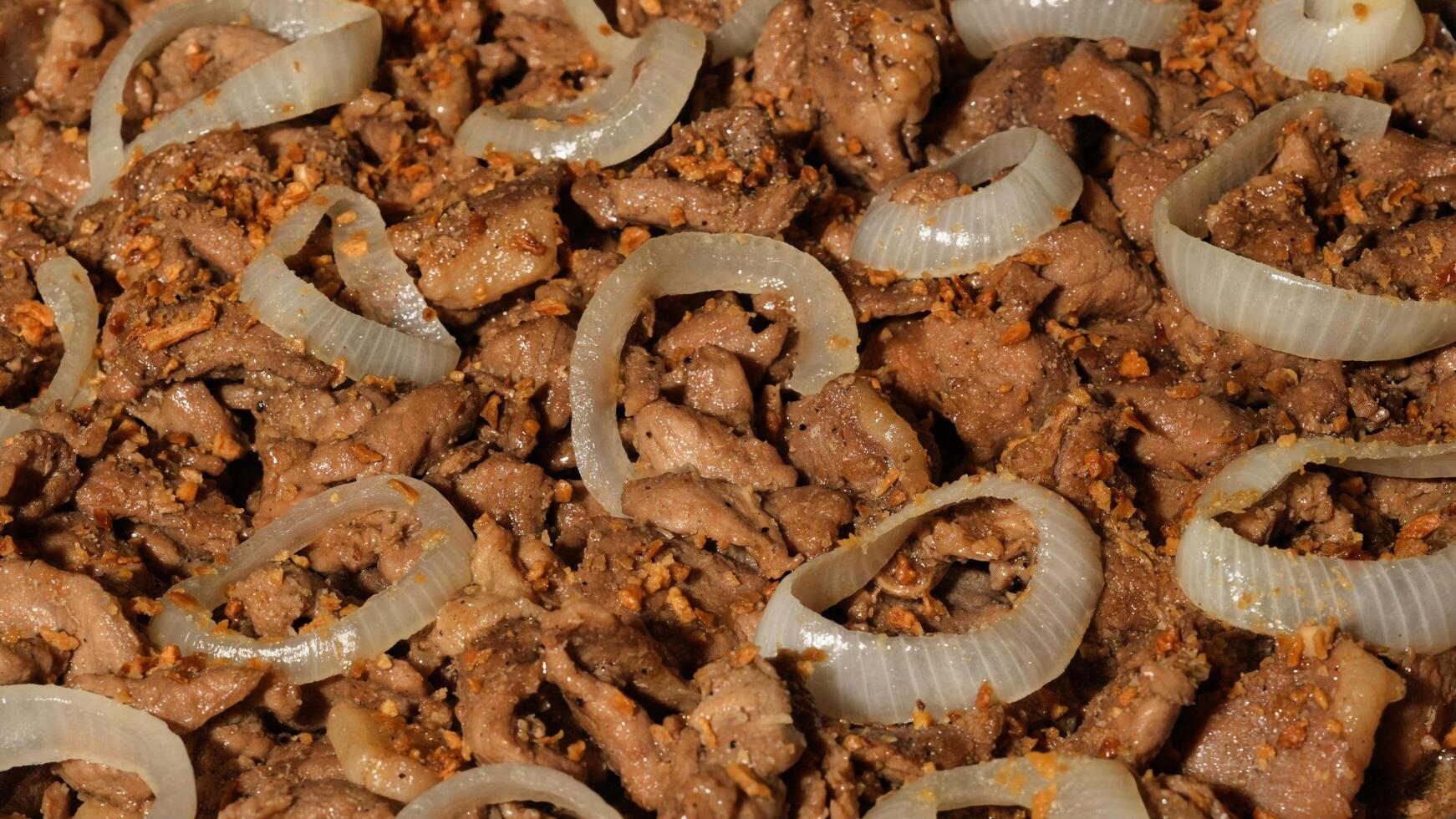 a close up of meat and onions photo