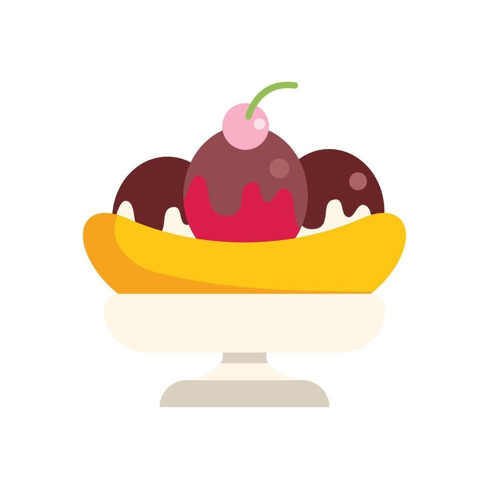 Banana split with chocolate sauce and cherry on plate icon vector