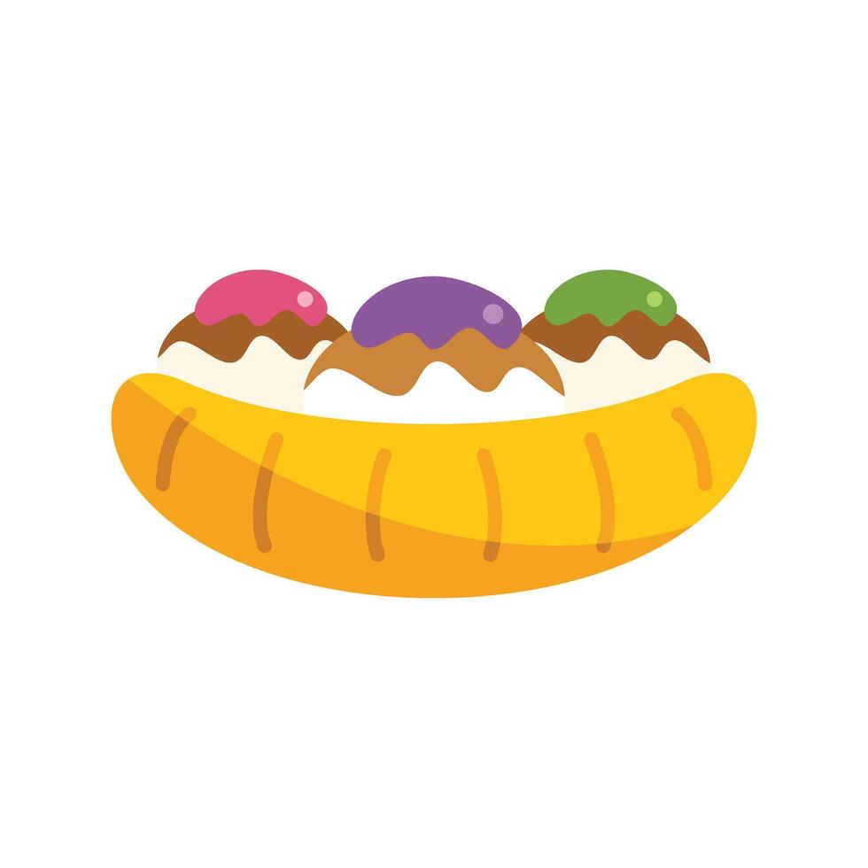 Banana split with ice cream scoops and chocolate syrup drizzle illustration vector