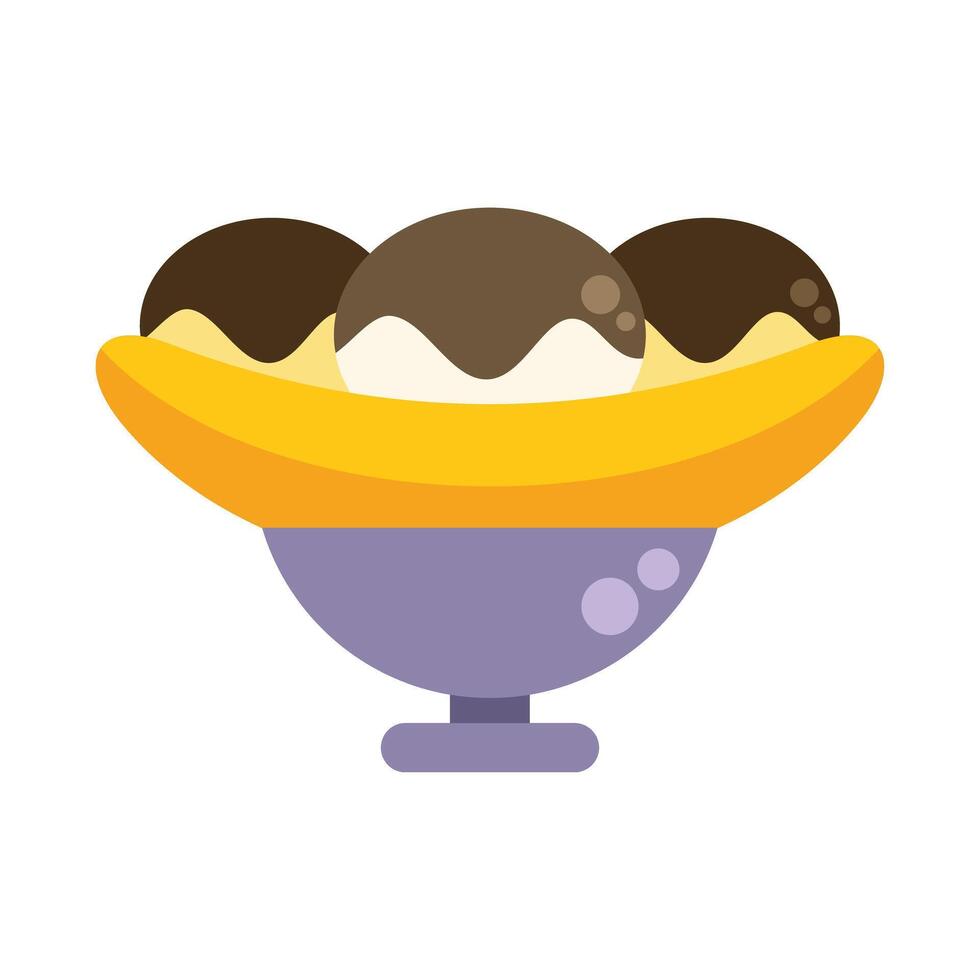 Banana split resting in a glass bowl with chocolate syrup drizzled on top vector