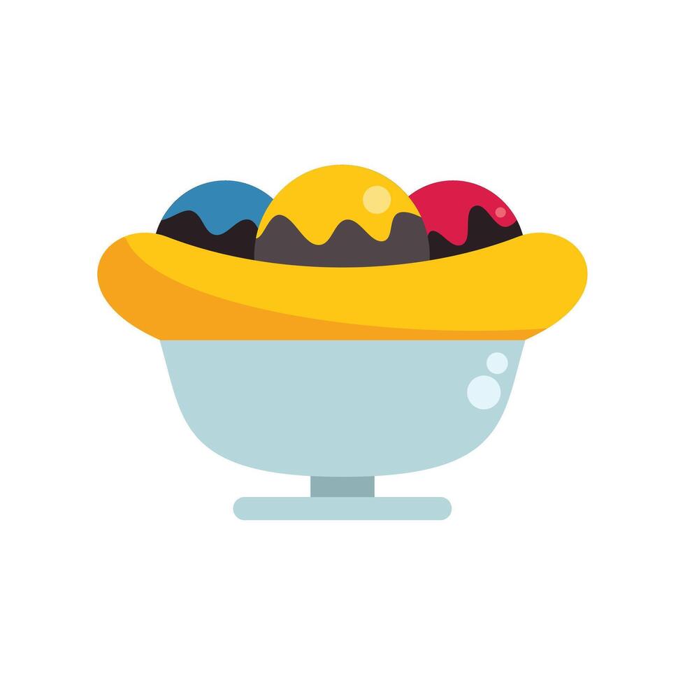 Banana split sundae sitting in glass dessert bowl vector