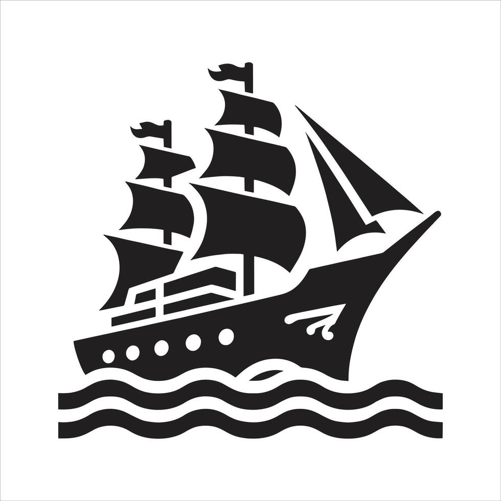 Illustration of Pirate Ship Silhouette with Skull and Crossbones Flags and Ocean Sails Black and White vector