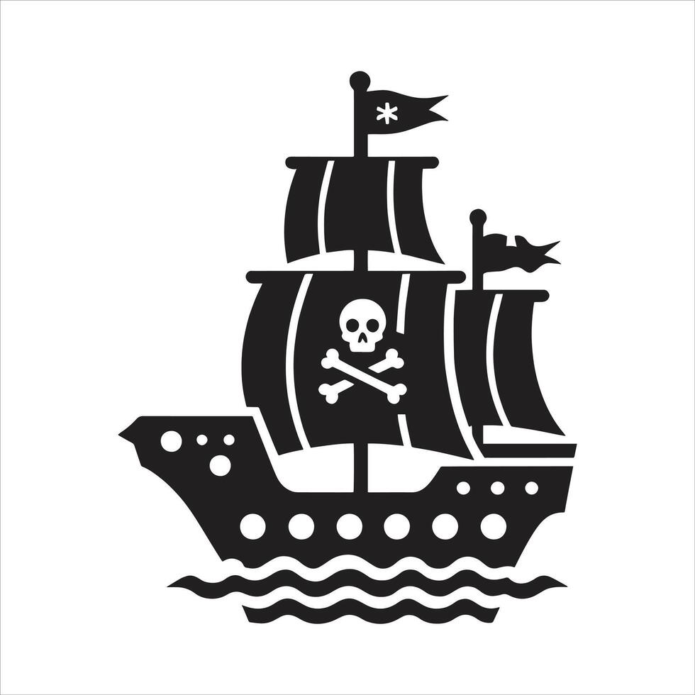 Sailing Pirate Ship Silhouette with Skull and Crossbones Flags Black and White Ocean Illustration vector