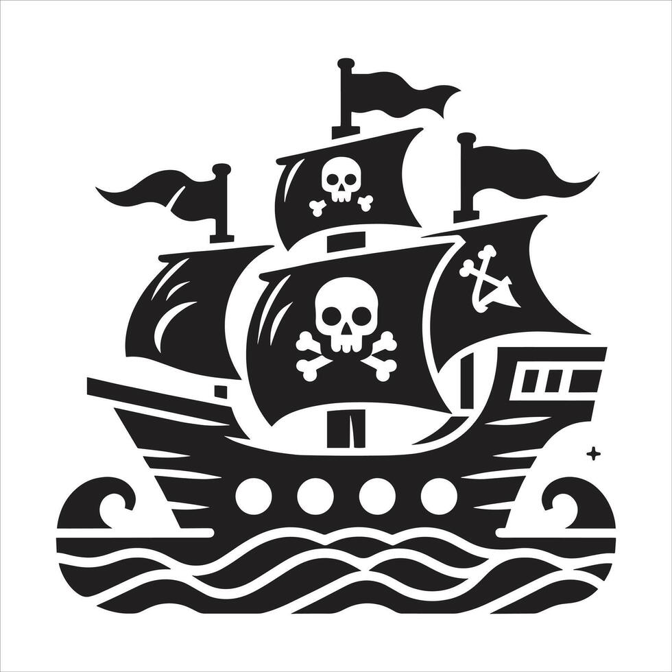 Skull and Crossbones Flags on Pirate Ship Silhouette Black and White Silhouette Sails in The Ocean vector