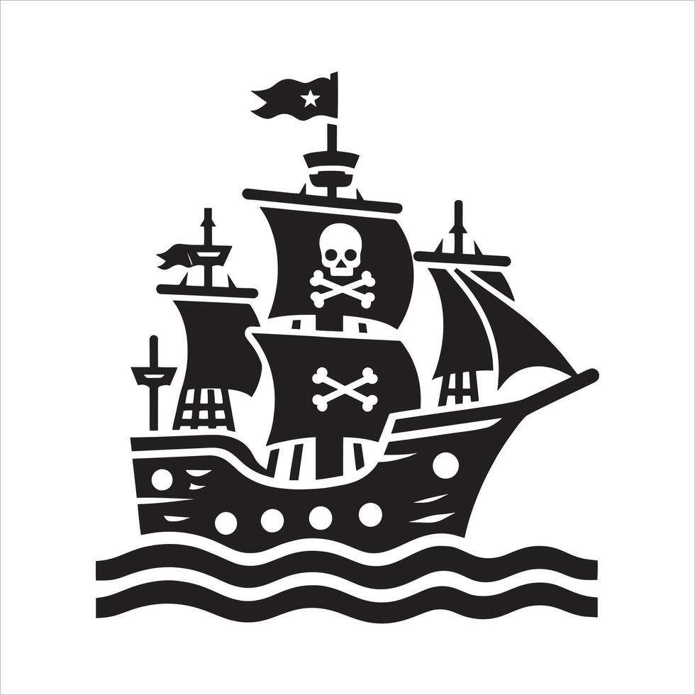 Black and White Pirate Ship Silhouette with Ocean Sails and Skull and Crossbones Flags Illustration vector