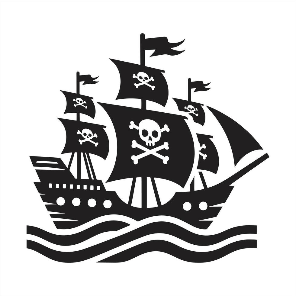 Illustration of Pirate Ship Silhouette Black and White Skull and Crossbones Flags in The Ocean Sails vector